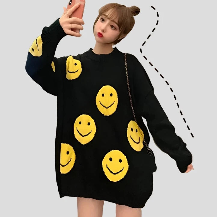 Casual Loose Knitted Women's Smile Face Sweaters - true-deals-club