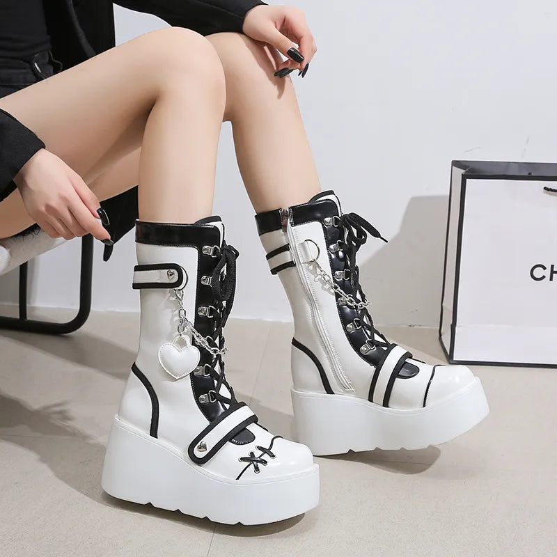 Platform Wedge Women's Boots Black and White Punk Gothic Style - true-deals-club