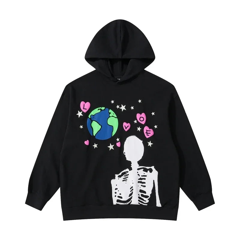 Cosmic Love Skeleton Hoodie: Retro Street Vibes with Earthly Affection for Men - true-deals-club