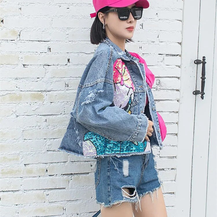 Short Denim Jacket with Cartoon Embroidered Sequins for Teens - true-deals-club