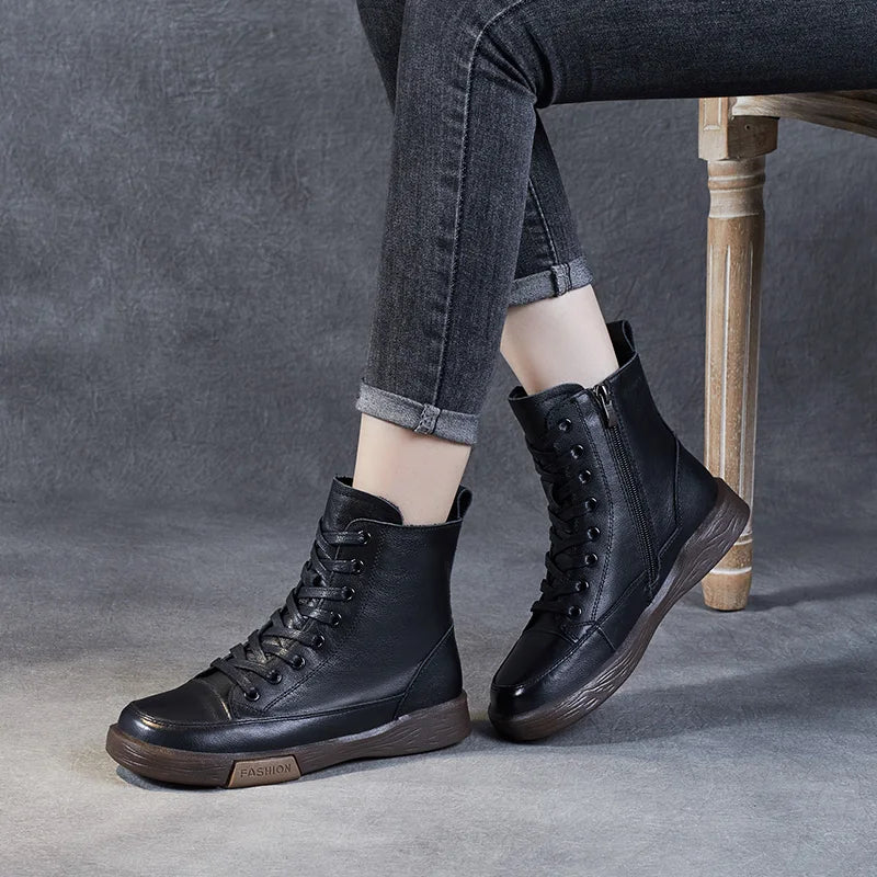 Handmade Retro Leather Ankle Boots: Women's Winter Flats - true-deals-club