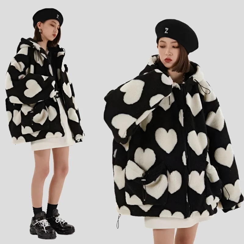 Student Hooded Cotton Women's Hearts Print Fur Jacket - true-deals-club
