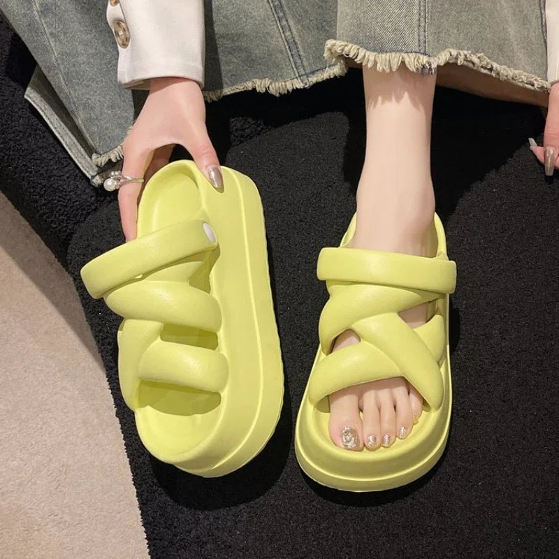 Summer Thick Sole Slide Sandals: Heightened with Crossover for Women - true-deals-club