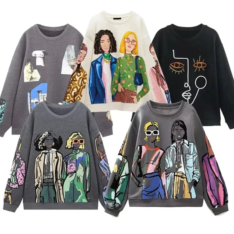 Women's Beauty Girls Print Chic Pullover Sweatshirts - true-deals-club