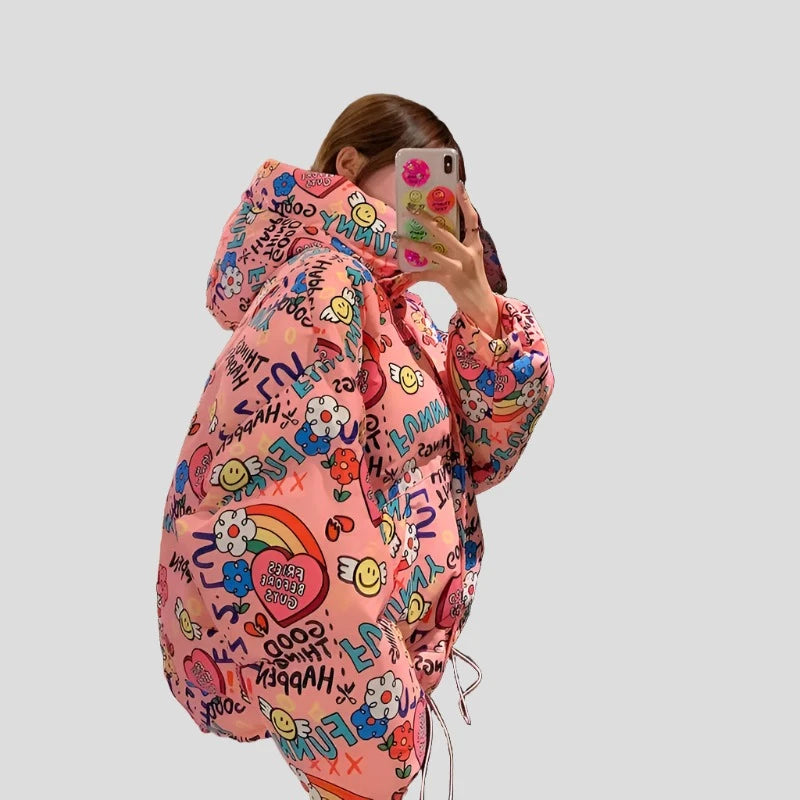 Stylish Teen Girl Bubble Graffiti Winter Jacket - true-deals-club