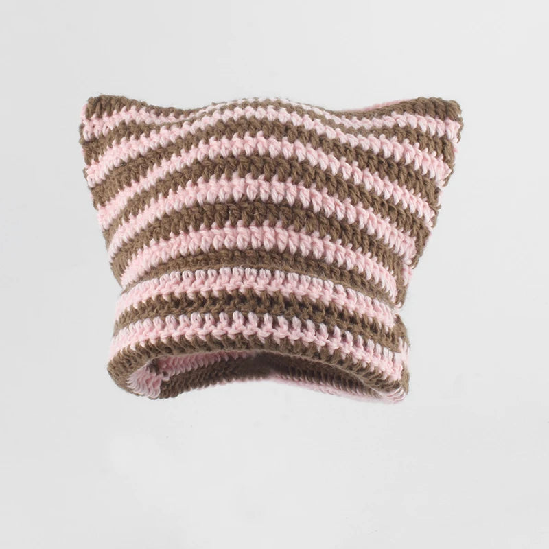 Little Devil Striped Knit Beanie: Cute Cat Ears - true-deals-club