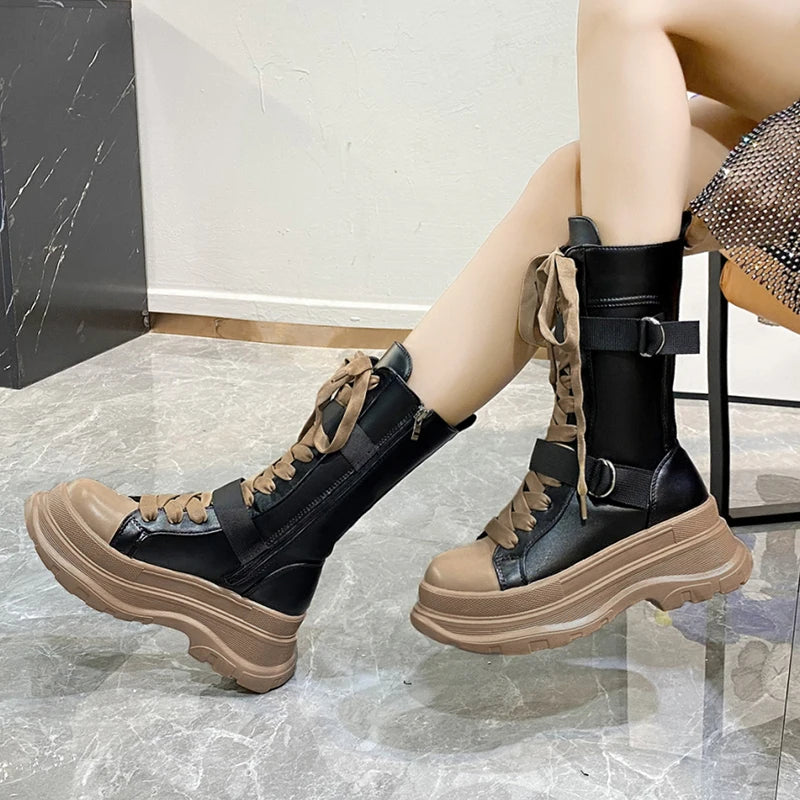Platform Boots PU Leather Mid-Calf Combat for Women - true-deals-club