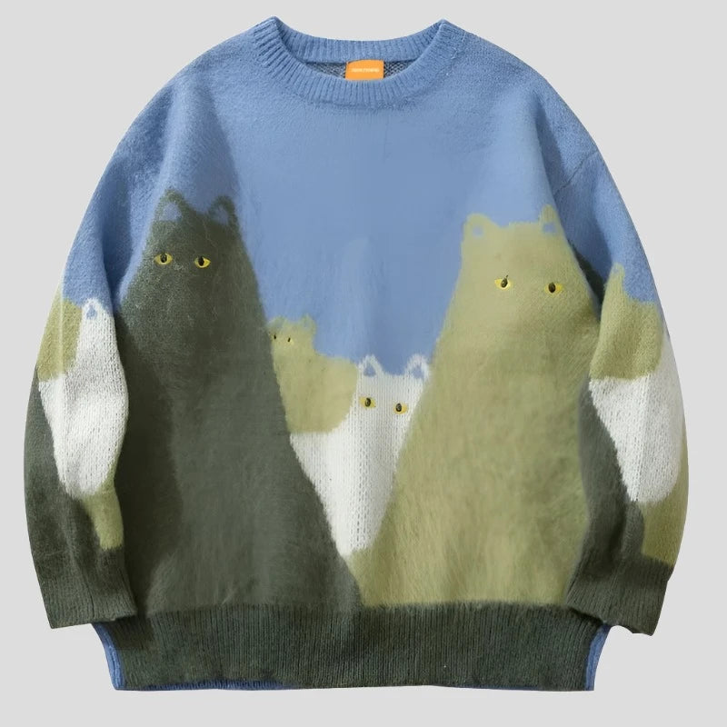 Cat Graphic Knitted Men's Oversized Sweater - true-deals-club