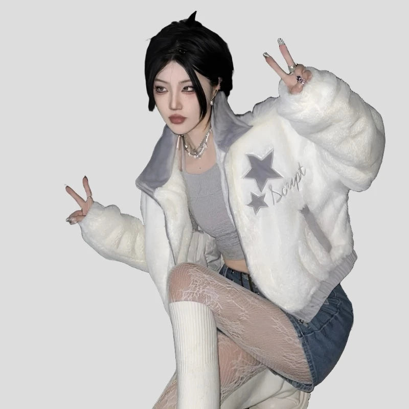Star-Print Winter Short Jacket with Pockets for Women - true-deals-club