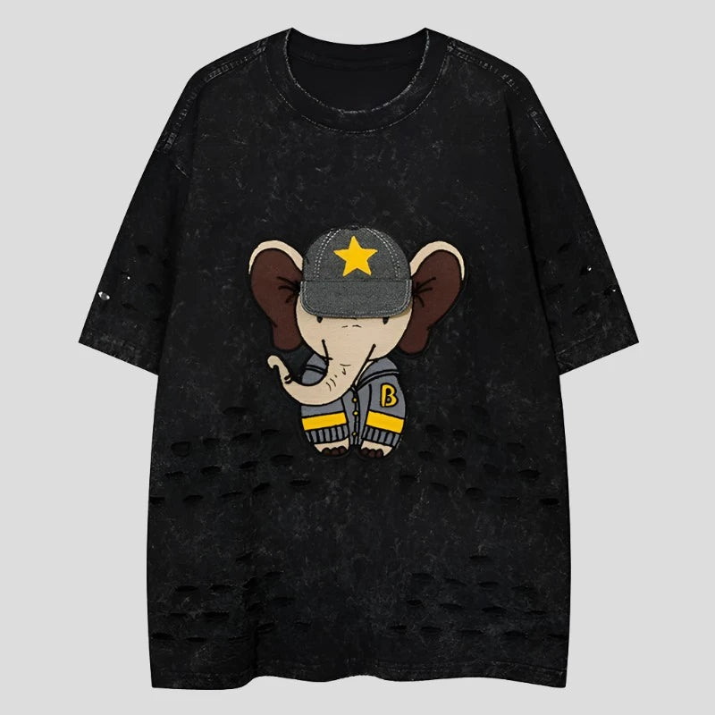 Unisex Elephant Patchwork Ripped Short Sleeve T-Shirt - true-deals-club