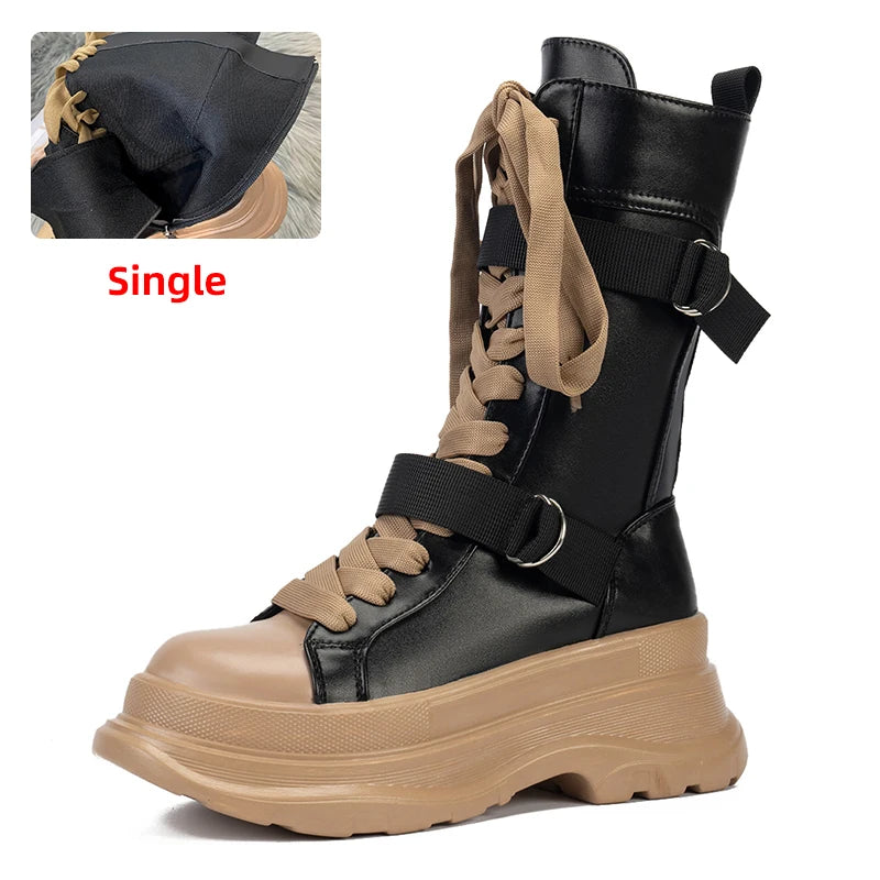 Platform Boots PU Leather Mid-Calf Combat for Women - true-deals-club