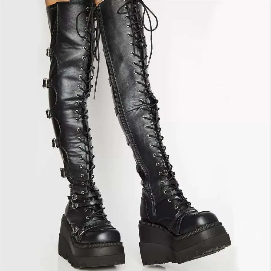Punk Gothic Thigh High Platform Wedge Boots for Women - true-deals-club