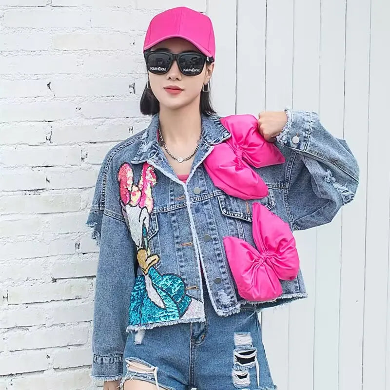 Short Denim Jacket with Cartoon Embroidered Sequins for Teens - true-deals-club