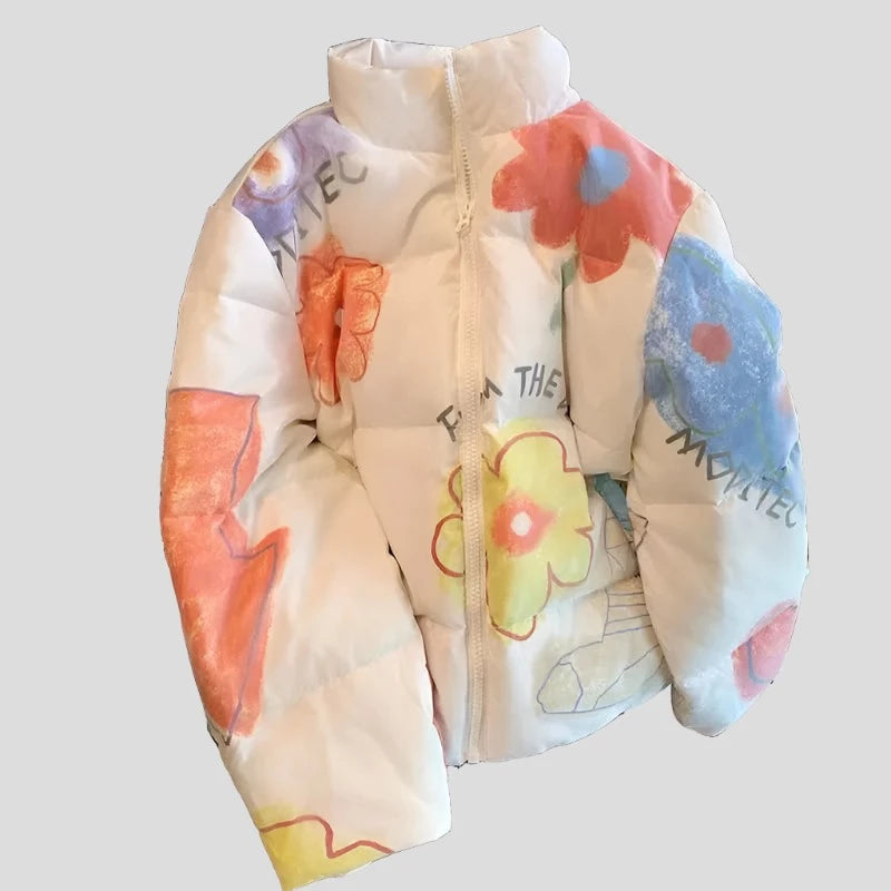 Teen Women's Winter Hand-Painted Flower Puffer Jacket - true-deals-club