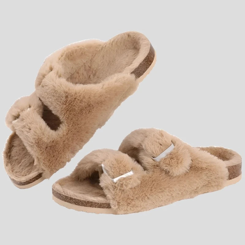 Plush Cork Footbed Furry Slippers for Women - true-deals-club