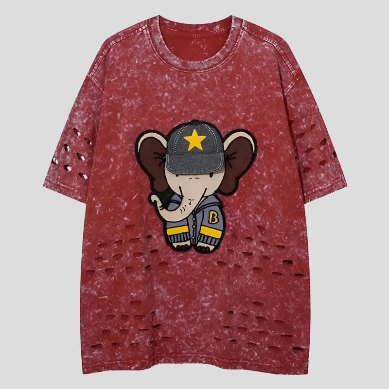 Unisex Elephant Patchwork Ripped Short Sleeve T-Shirt - true-deals-club
