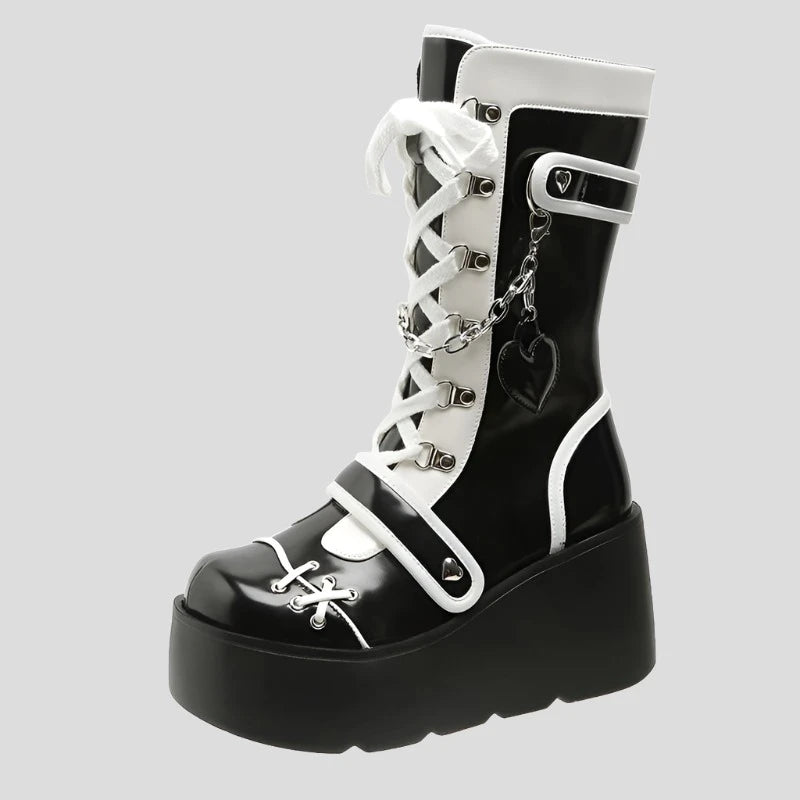 Platform Wedge Women's Boots Black and White Punk Gothic Style - true-deals-club