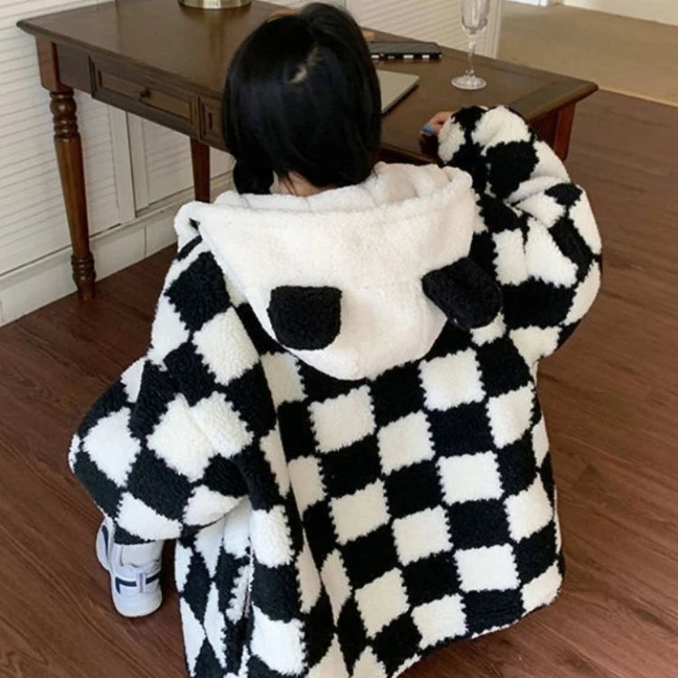 Checkered Cozy Bear Ears Zip-Up Hoodie for Women - true-deals-club
