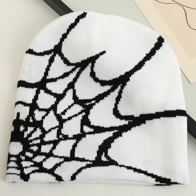 Goth Spider Web Jacquard Beanie: Y2K Knitted Cap - true-deals-club