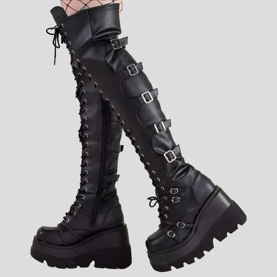 Punk Gothic Thigh High Platform Wedge Boots for Women - true-deals-club