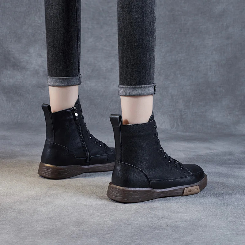 Handmade Retro Leather Ankle Boots: Women's Winter Flats - true-deals-club