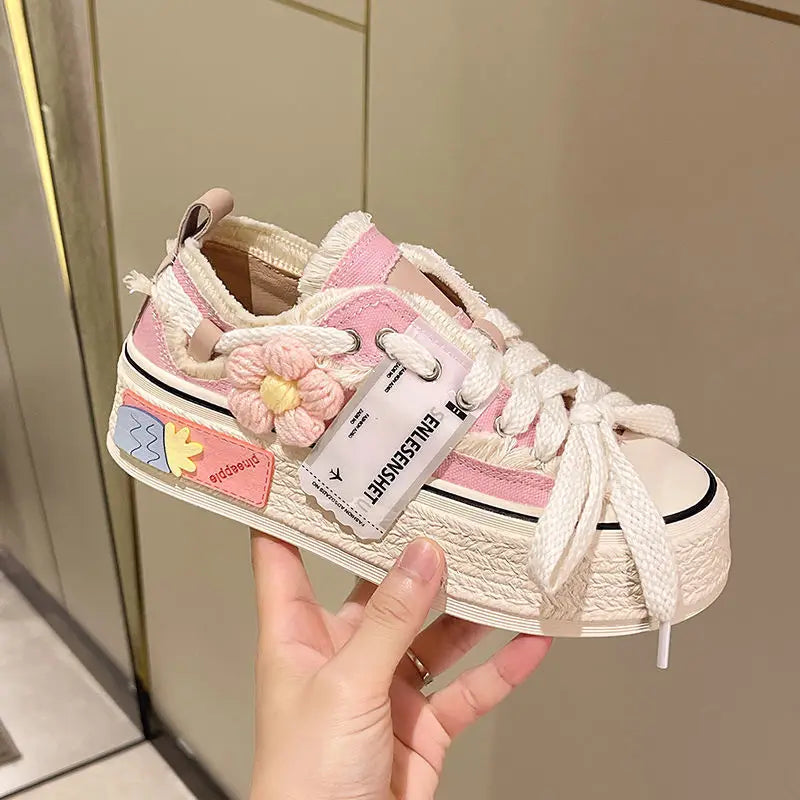 Teen Girly Canvas Sneakers Thick Platform, All-match Student Shoes - true-deals-club
