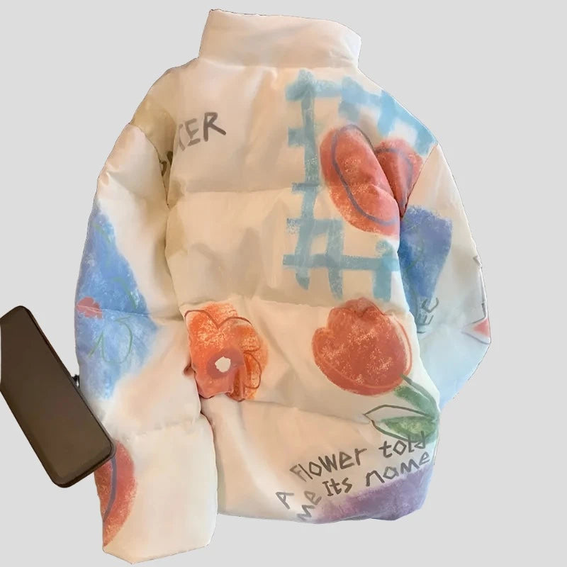 Teen Women's Winter Hand-Painted Flower Puffer Jacket - true-deals-club