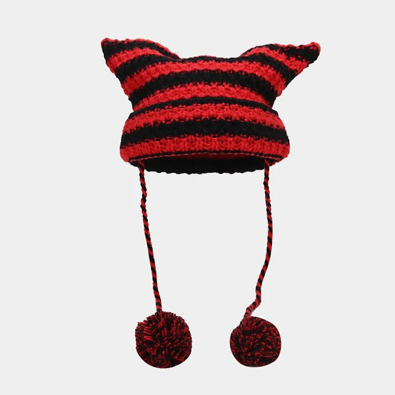 Little Devil Striped Knit Beanie: Cute Cat Ears - true-deals-club