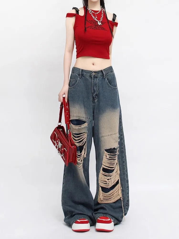 Mopping Style Wide Leg Baggy Jeans - true deals club