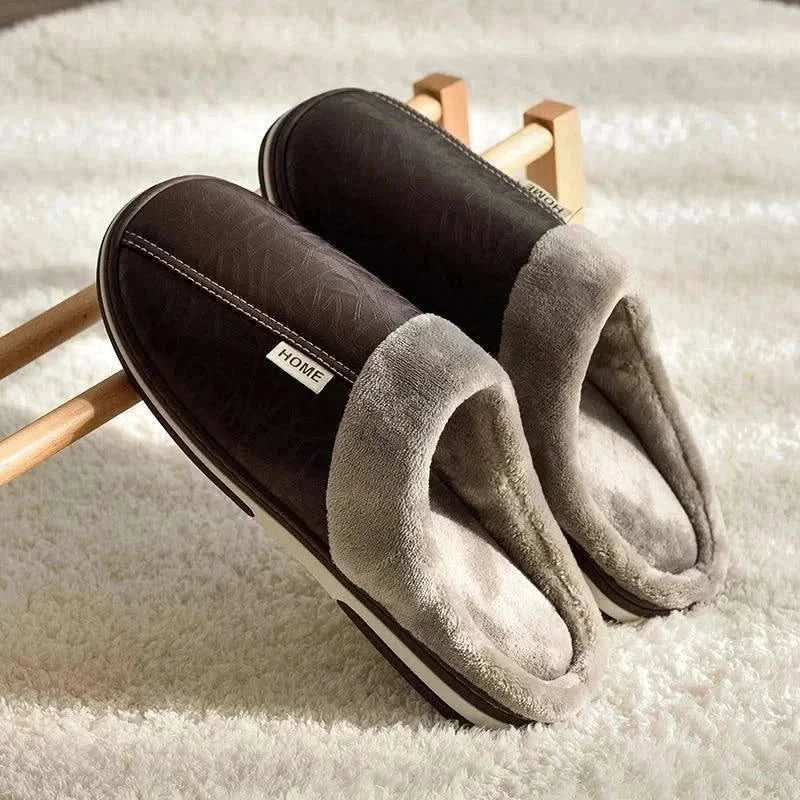 PU leather slippers for men with plush lining, slip-on design for indoor comfort, perfect for lounging and relaxation