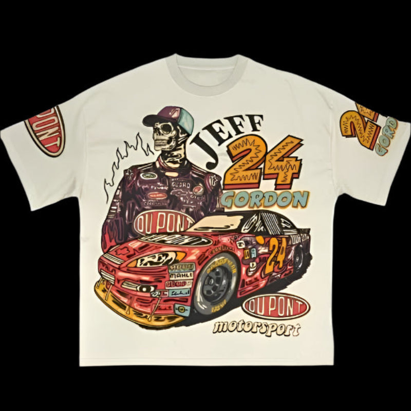 Jeff Gordon 24 Dupont Motorsport graphic t-shirt for women, featuring a bold racing design and vibrant colors, perfect for motorsport enthusiasts and casual wear