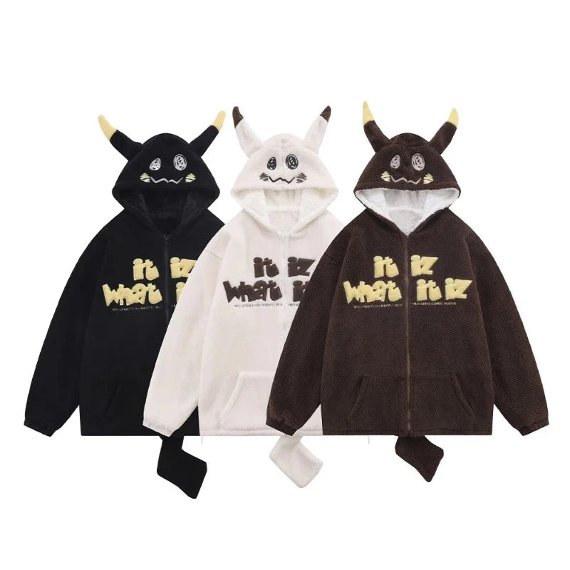 Lambswool Men's Black Hoodie with Horns & Tail - true-deals-club
