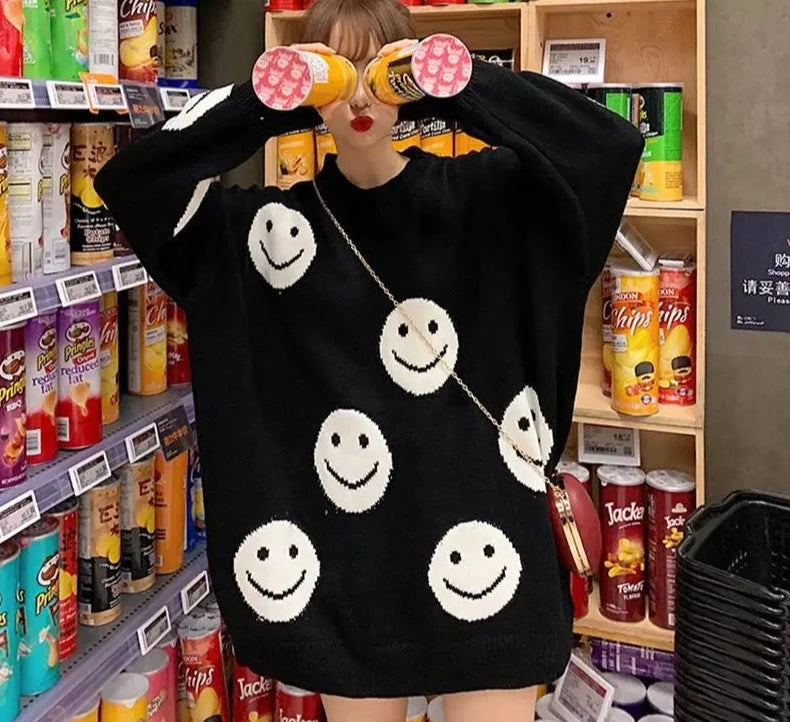 Casual Loose Knitted Women's Smile Face Sweaters - True-Deals-Club