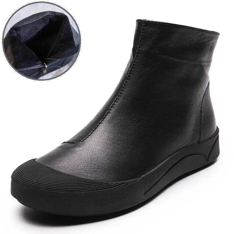Flat Leather Ankle Black Boots for Women - true-deals-club