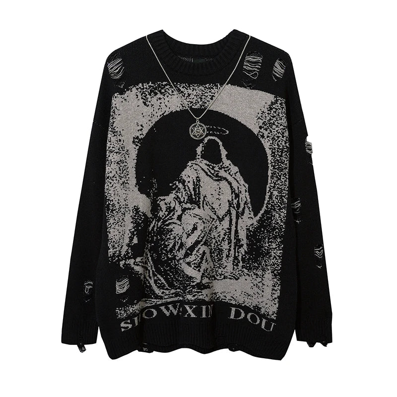 Oversized Priest Salvation Knitwear - Ripped Pullover Sweater - true deals club