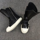 Leather Sneakers : Black Round Toe High-top Unisex - true-deals-club