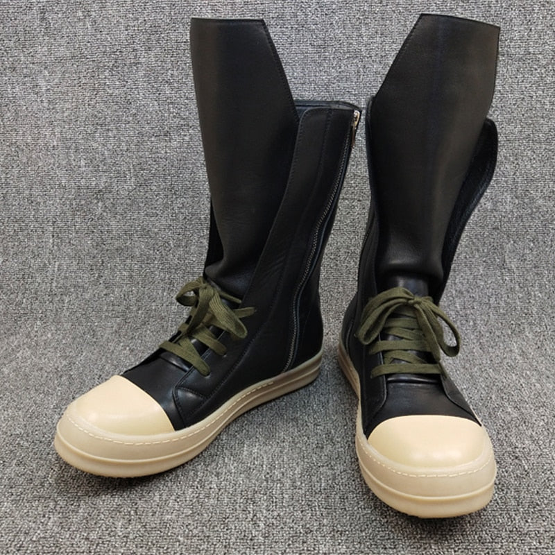 Leather Sneakers : Black Round Toe High-top Unisex - true-deals-club