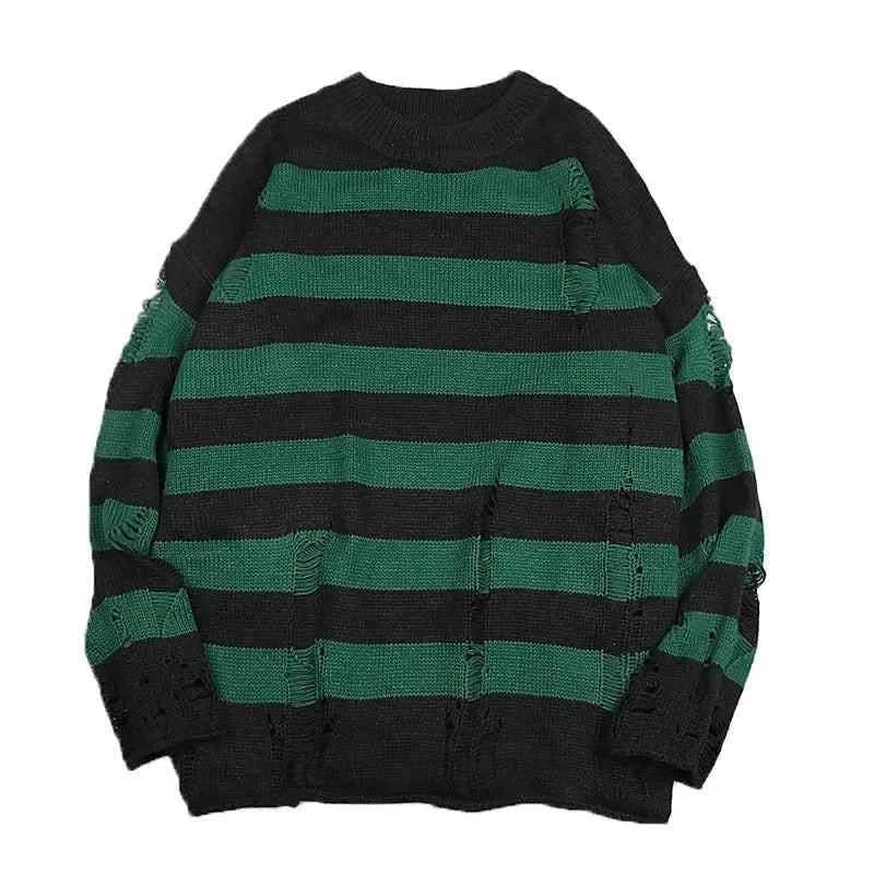 Striped Sweater - Oversized Knit Ripped Pullover Sweater - true deals club