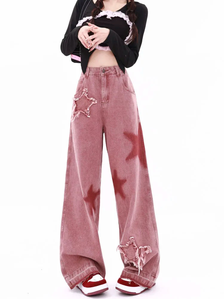 Thin American Retro Five-Point Star Wide-Leg Jeans Women's Mopping Pants - true-deals-club