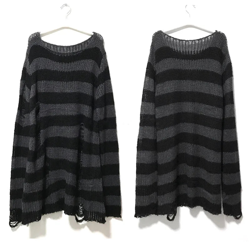 Punk Gothic Sweater - Striped Hollow Out Rock Streetwear Top - true deals club