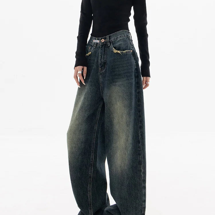 Vintage BF Style High Waist Women's Jeans: Streetwear Loose Wide Leg Denim Trousers - true-deals-club