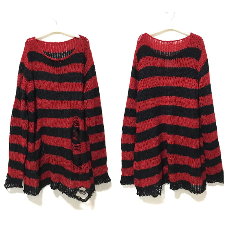 Punk Gothic Sweater - Striped Hollow Out Rock Streetwear Top - true deals club