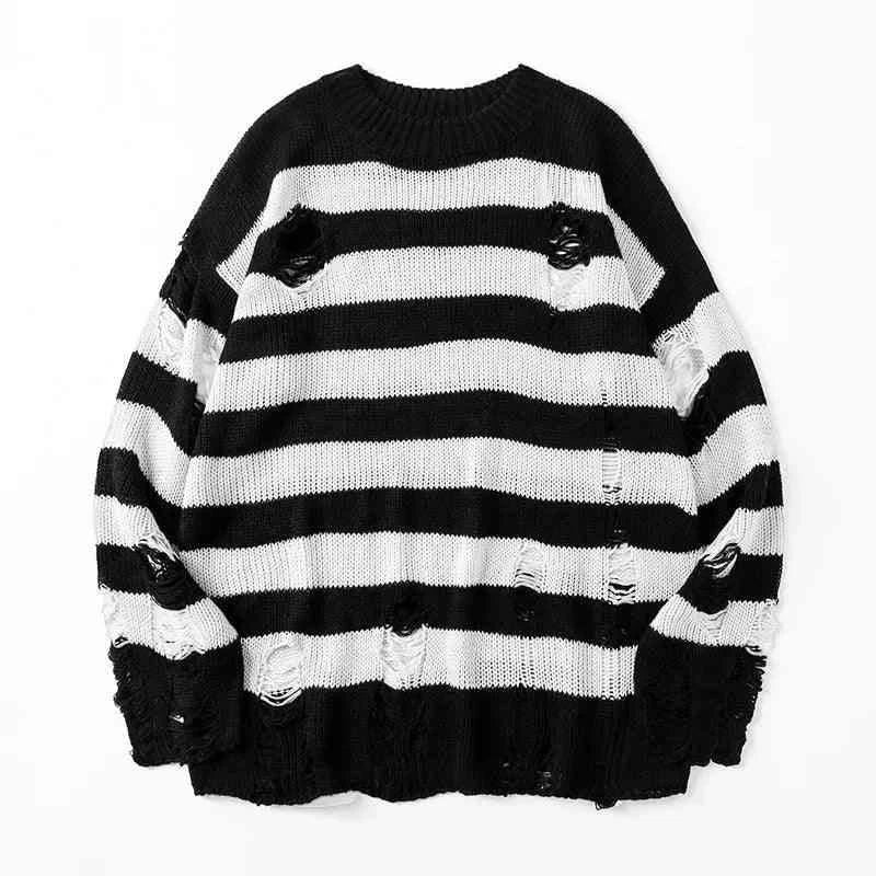 Striped Sweater - Oversized Knit Ripped Pullover Sweater - true deals club