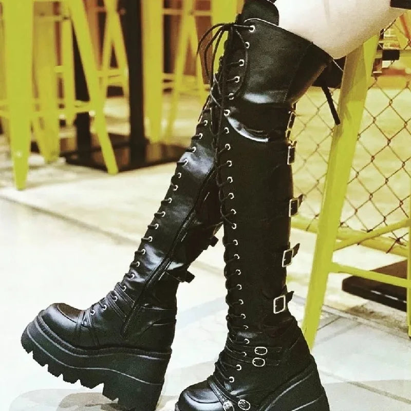 Punk Gothic Thigh High Platform Wedge Boots for Women - True-Deals-Club