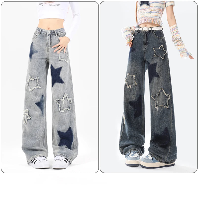 American Star Embroidery Women's Denim Trousers: Y2K High Street Casual Loose Straight Leg Pants - true-deals-club