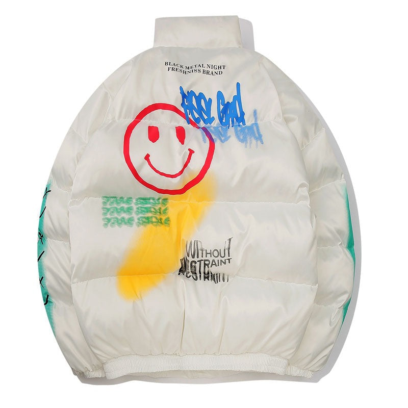 Men Smiley Print Puffer Padded Jackets - True-Deals-Club
