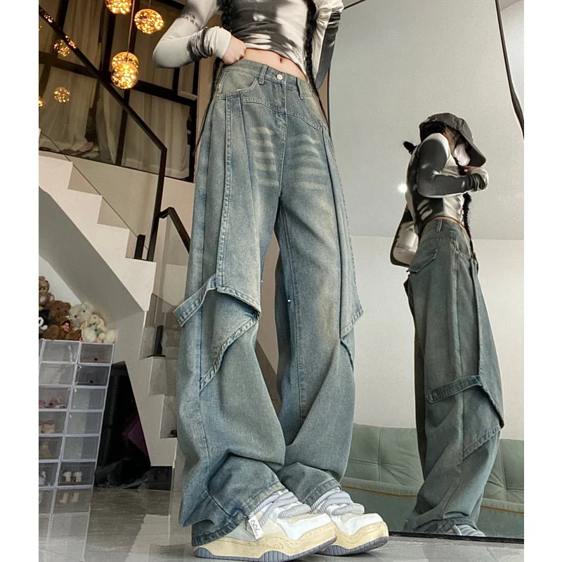 Vintage High Waist Women's Jeans: Chic American Fashion Streetwear Wide Leg Baggy Denim Pants - true-deals-club