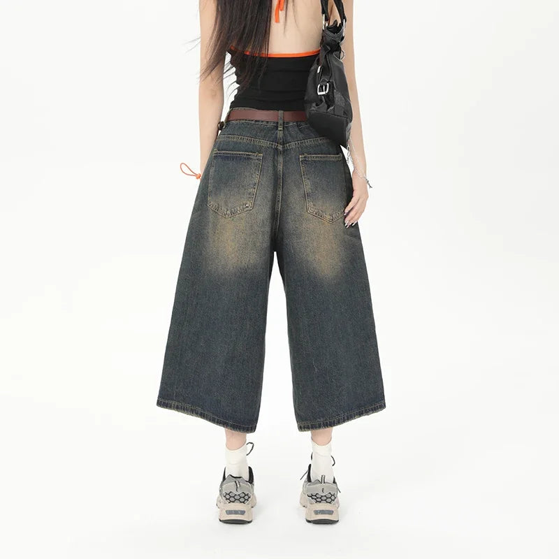 Vintage Streetwear Wide Leg Denim Shorts: Y2K Fashion Loose Knee-Length Pants - true-deals-club