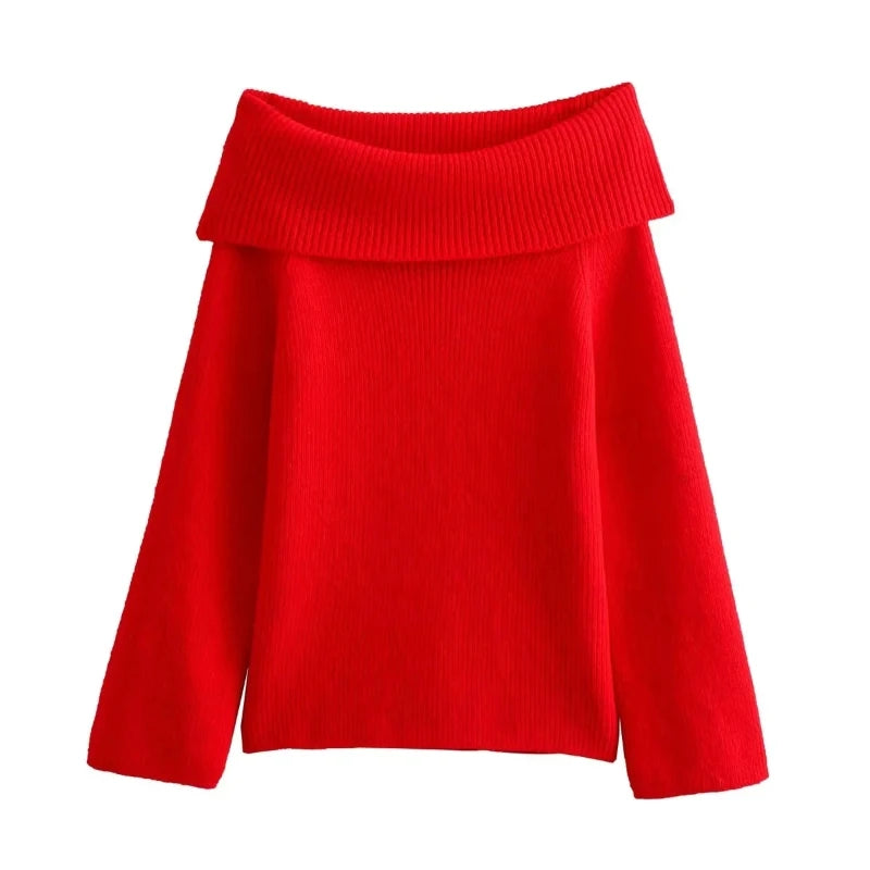 Women Solid Off Shoulder Sweater - Knitted Pullover - true deals club