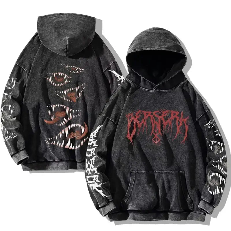 Gothic Vintage Washed Hoodie | Print Retro Pullover Y2K.